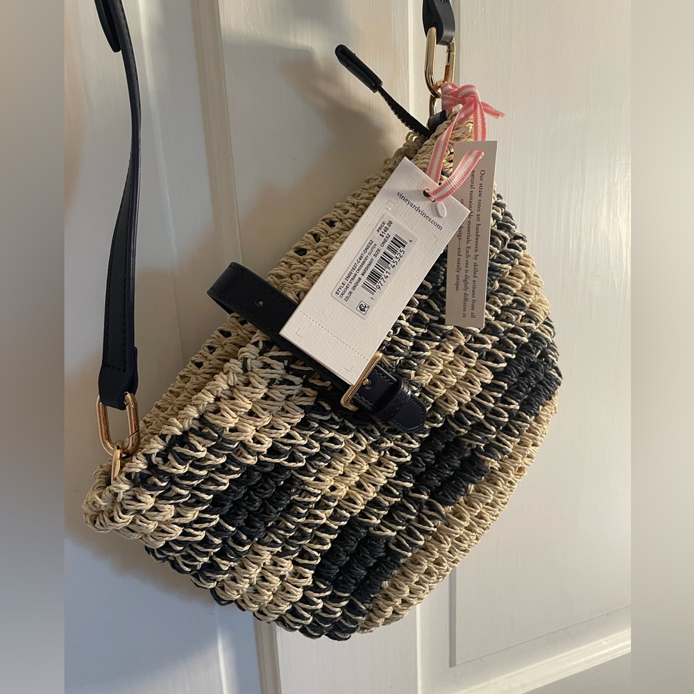 Vineyard Vines 🐳 Navy Checkered Straw Crossbody or Clutch Bag - Picture 10 of 11